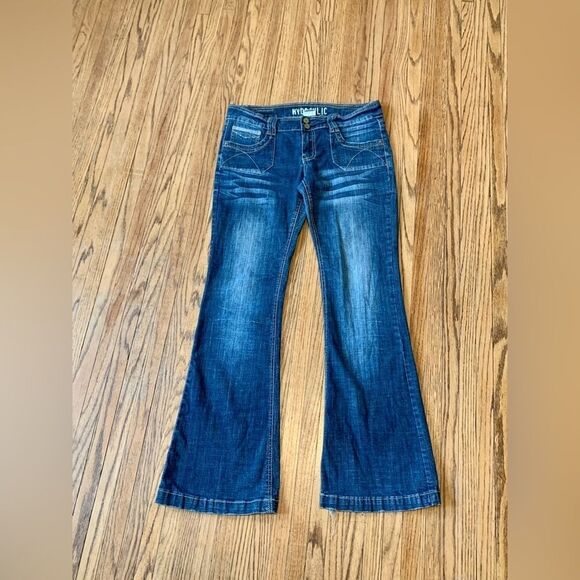 VTG 2000s y2K Hydraulic Metro Low Rise Flare jeans Dark Whisker Stretch 11/12 - Picture 1 of 12